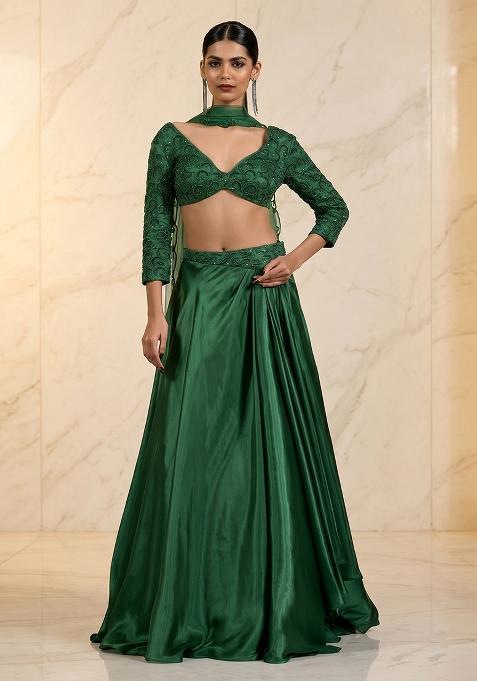 Bottle Green Embroidered Handwork Lehenga Set