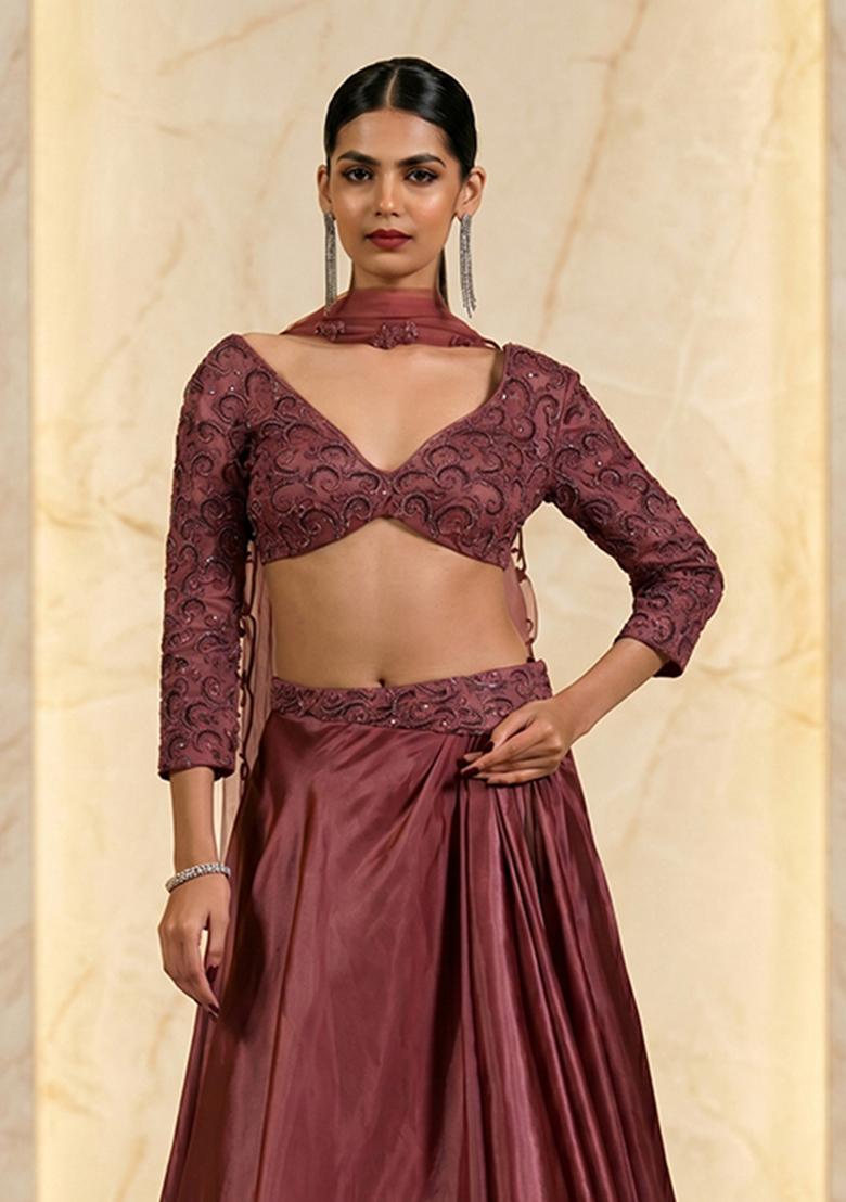 Mauve Embroidered Handwork Lehenga Set - Indya