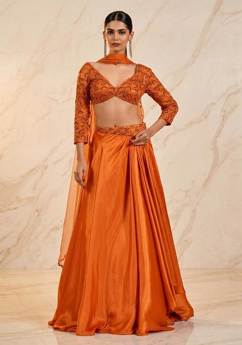 Orange Embroidered Handwork Lehenga Set