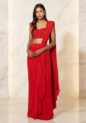 Red Embroidered Handwork Pre Draped Saree Set