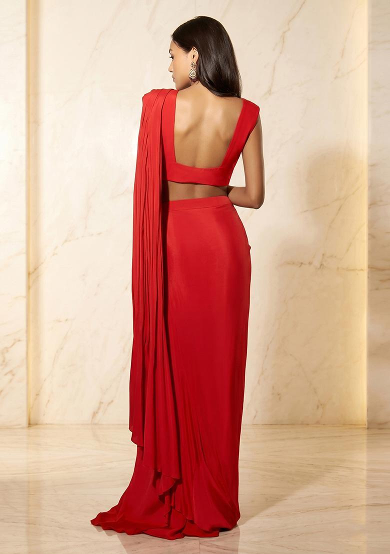 Red Embroidered Handwork Pre Draped Saree Set - Indya