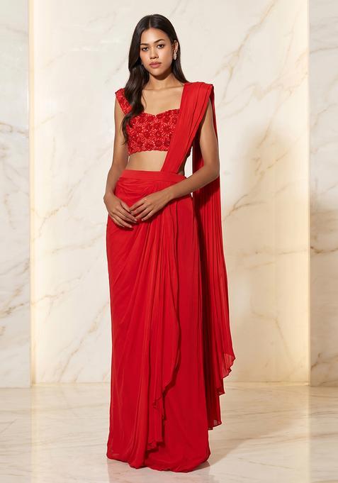 Red Embroidered Handwork Pre Draped Saree Set