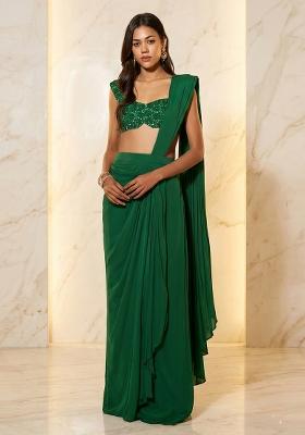 Bottle Green Embroidered Handwork Pre Draped Saree Set