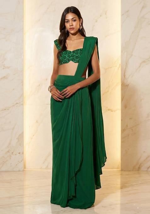 Bottle Green Embroidered Handwork Pre Draped Saree Set