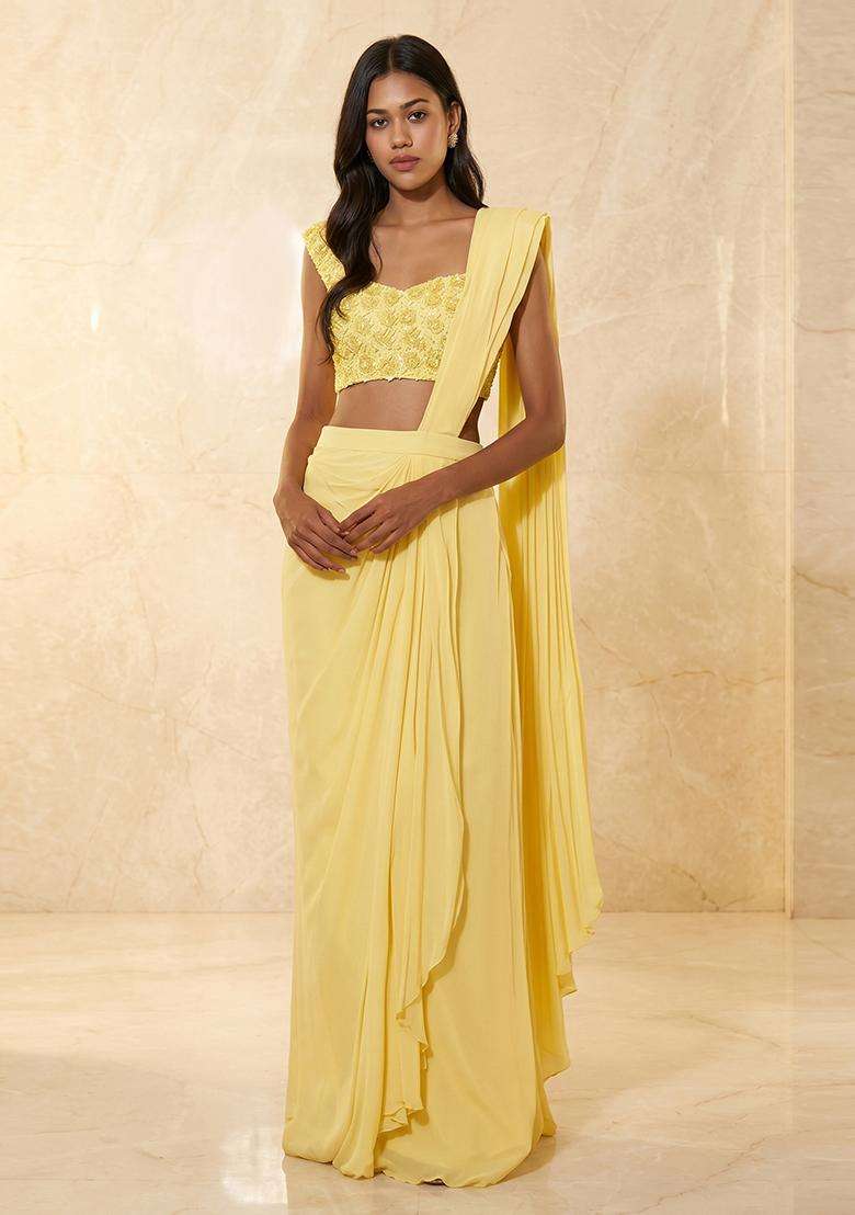Pastel Yellow Embroidered Handwork Pre Draped Saree Set - Indya