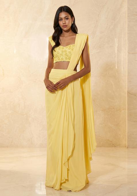 Pastel Yellow Embroidered Handwork Pre Draped Saree Set