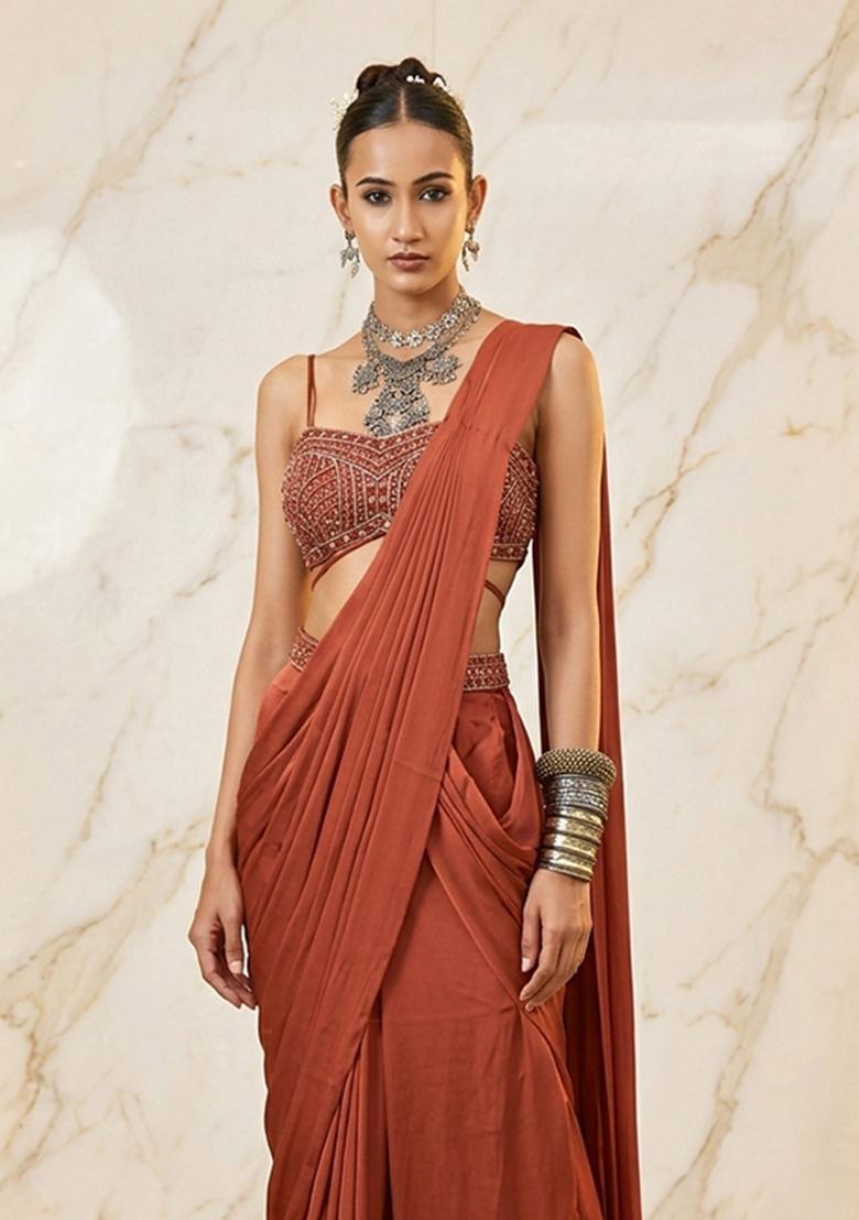 Bottle Green Embroidered Handwork Pre Draped Saree Set - Indya