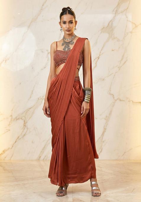 Bottle Green Embroidered Handwork Pre Draped Saree Set