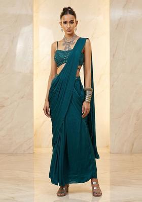 Deep Teal Blue Embroidered Handwork Pre Draped Saree Set
