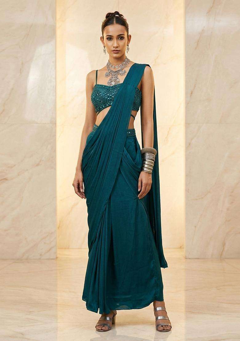Deep Teal Blue Embroidered Handwork Pre Draped Saree Set - Indya