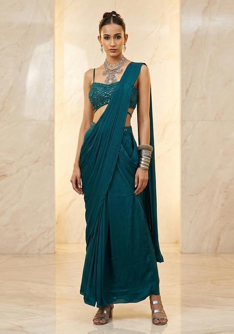 Deep Teal Blue Embroidered Handwork Pre Draped Saree Set