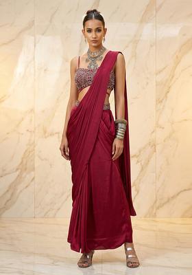 Deep Red Embroidered Handwork Pre Draped Saree Set