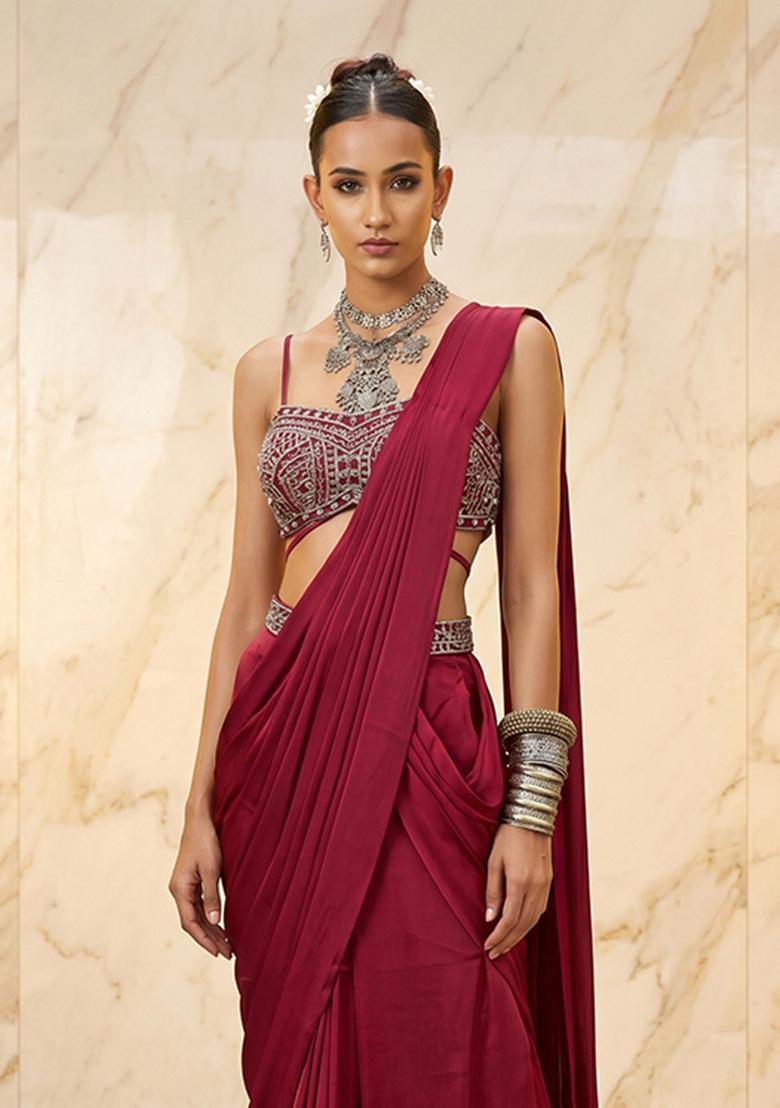 Deep Red Embroidered Handwork Pre Draped Saree Set - Indya