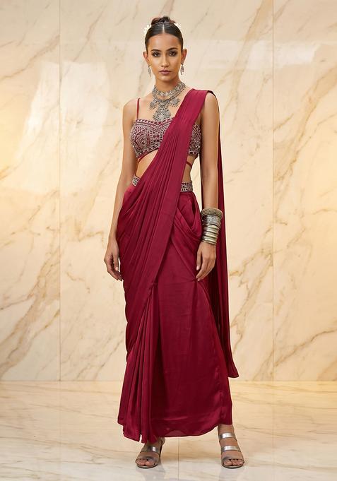 Deep Red Embroidered Handwork Pre Draped Saree Set