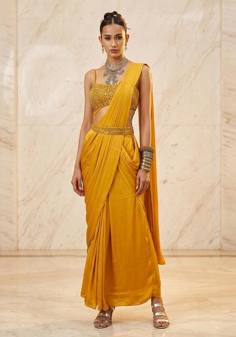 Yellow Embroidered Handwork Pre Draped Saree Set
