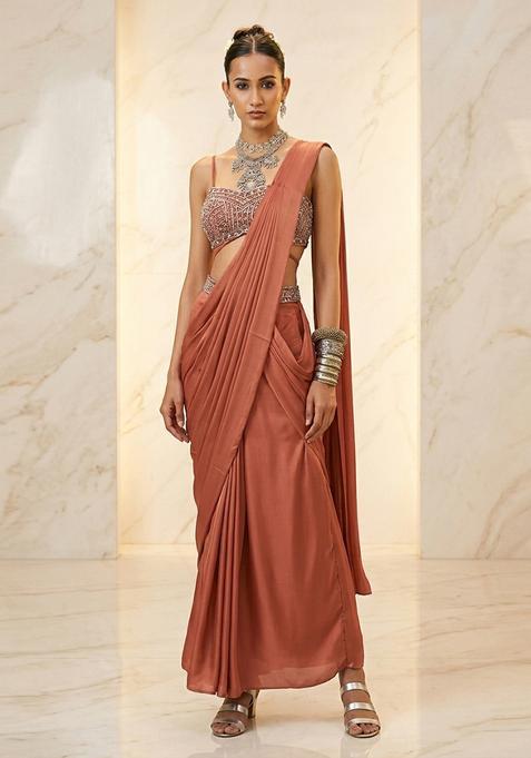 Mauve Embroidered Handwork Pre Draped Saree Set
