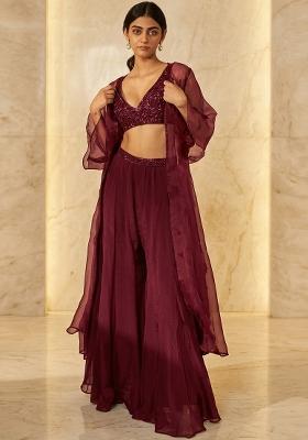 Deep Mauve Embroidered Handwork Fusion Set