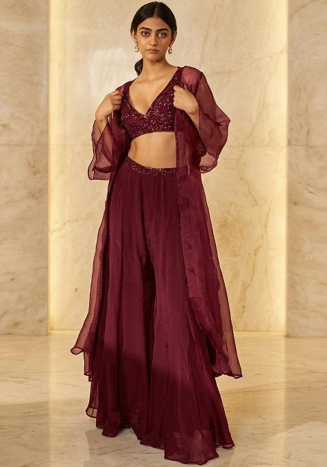 Deep Mauve Embroidered Handwork Fusion Set