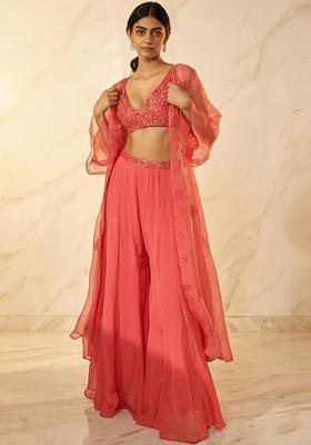 Coral Embroidered Handwork Fusion Set