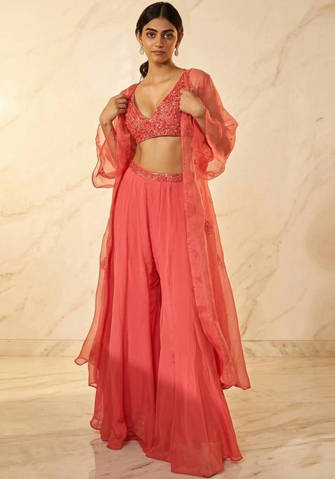 Coral Embroidered Handwork Fusion Set