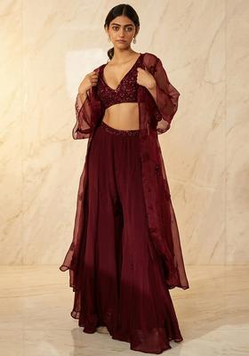 Deep Wine Embroidered Handwork Fusion Set