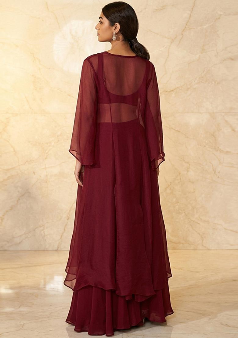 Deep Wine Embroidered Handwork Fusion Set - Indya