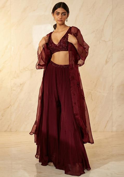 Deep Wine Embroidered Handwork Fusion Set