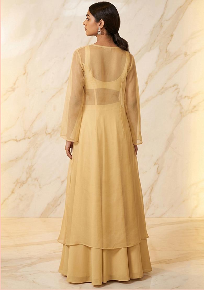 Pastel Yellow Embroidered Handwork Fusion Set - Indya