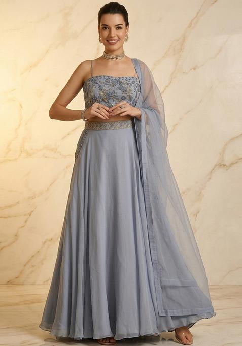 Steel Blue Embroidered Handwork Lehenga Set