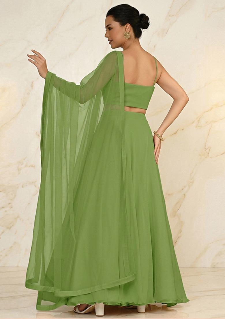 Sage Green Embroidered Handwork Lehenga Set - Indya