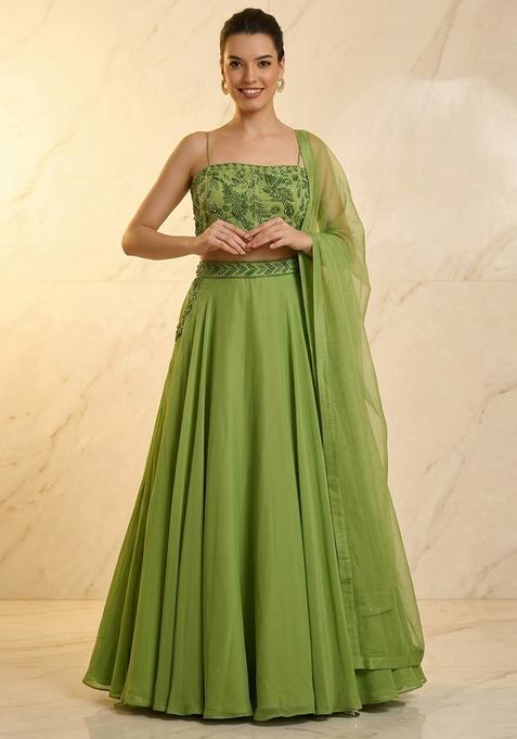 Sage Green Embroidered Handwork Lehenga Set