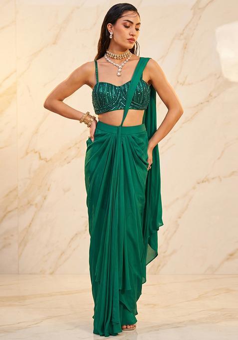 Emerald Green Embroidered Handwork Pre Draped Saree Set