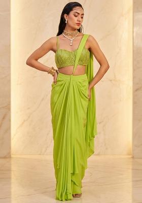 Lime Green Embroidered Handwork Pre Draped Saree Set