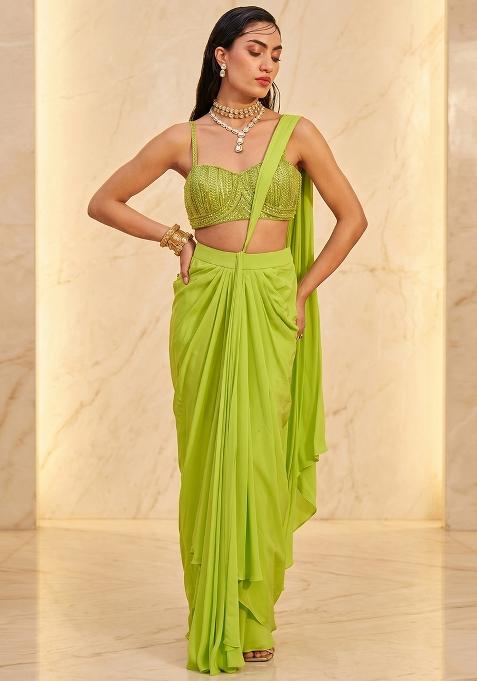 Lime Green Embroidered Handwork Pre Draped Saree Set