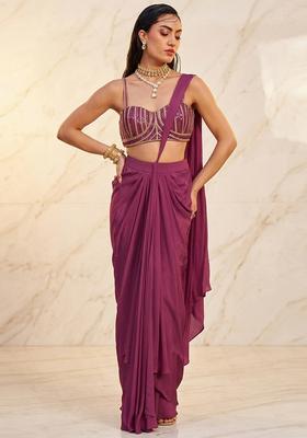 Magenta Embroidered Handwork Pre Draped Saree Set