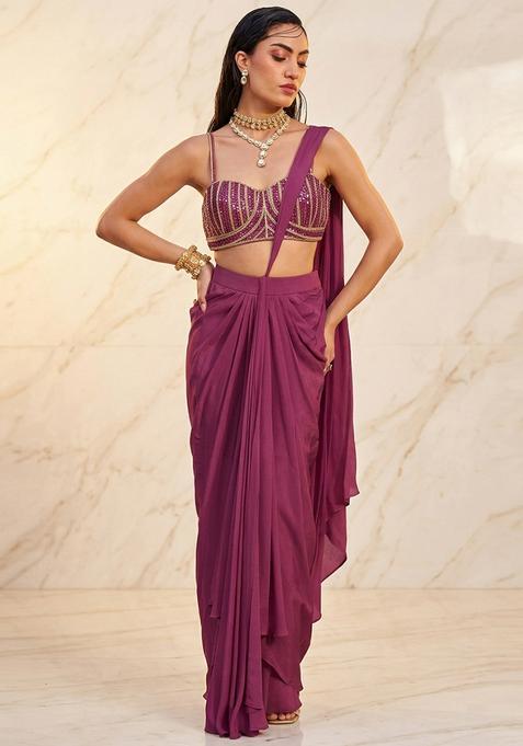 Magenta Embroidered Handwork Pre Draped Saree Set