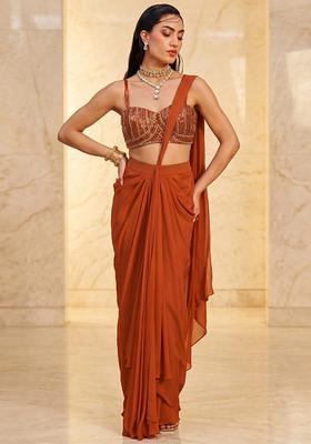 Rust Orange Embroidered Handwork Pre Draped Saree Set