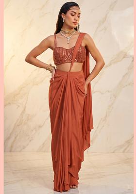Pink Embroidered Handwork Pre Draped Saree Set