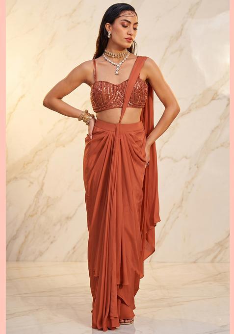 Pink Embroidered Handwork Pre Draped Saree Set