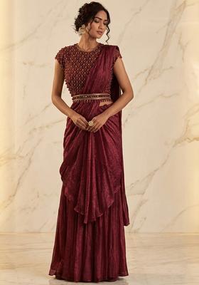 Burgundy Embroidered Handwork Pre Draped Saree Set