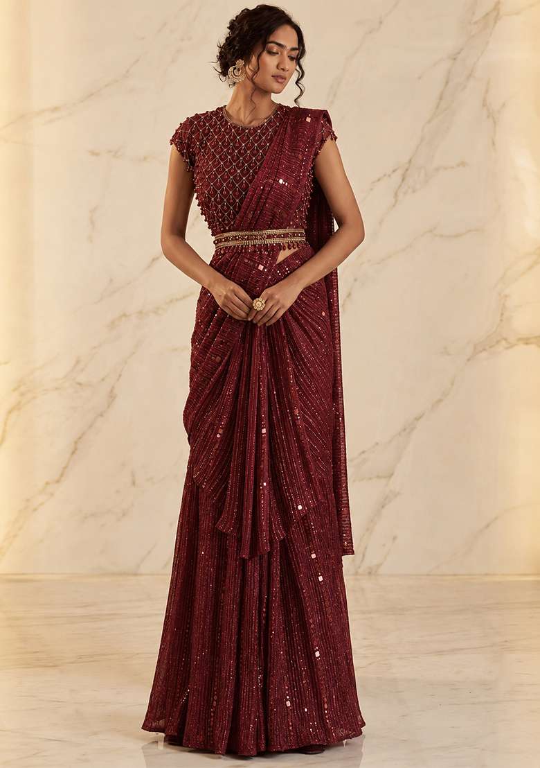 Burgundy Embroidered Handwork Pre Draped Saree Set - Indya