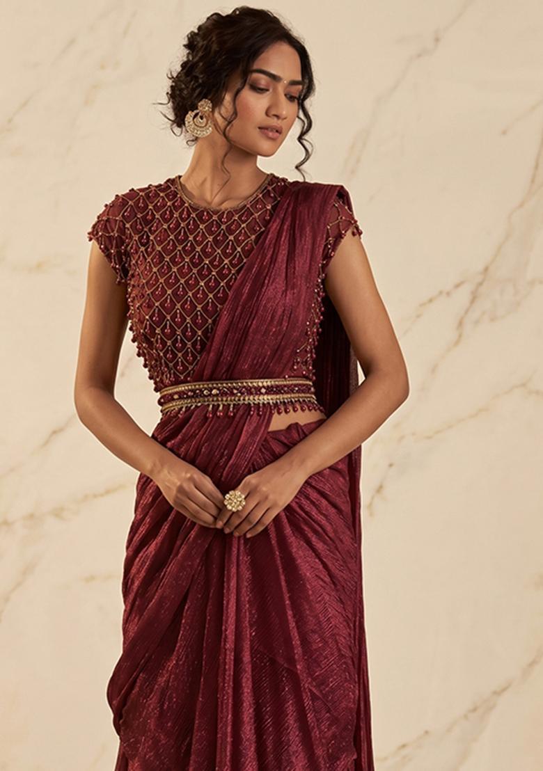 Burgundy Embroidered Handwork Pre Draped Saree Set - Indya