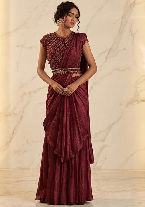 Burgundy Embroidered Handwork Pre Draped Saree Set