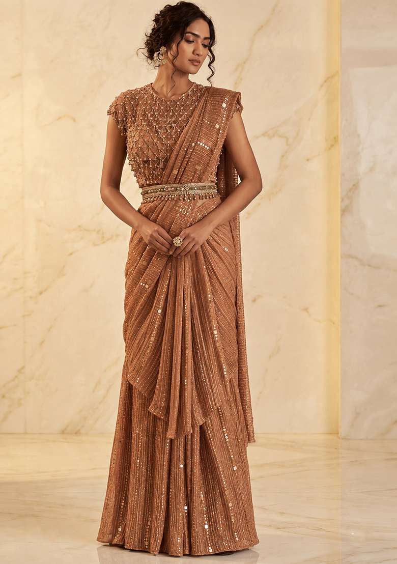 Copper Embroidered Handwork Pre Draped Saree Set - Indya