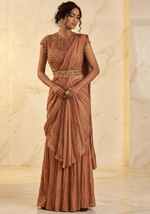 Copper Embroidered Handwork Pre Draped Saree Set