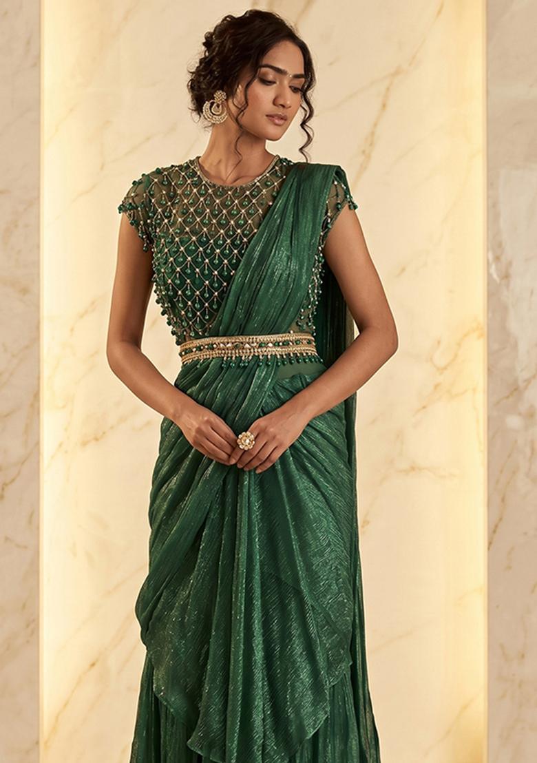 Bottle Green Embroidered Handwork Pre Draped Saree Set - Indya