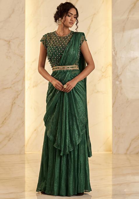 Bottle Green Embroidered Handwork Pre Draped Saree Set