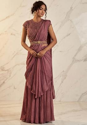 Mauve Embroidered Handwork Pre Draped Saree Set