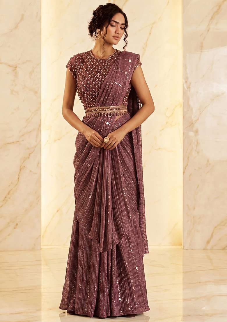 Mauve Embroidered Handwork Pre Draped Saree Set - Indya