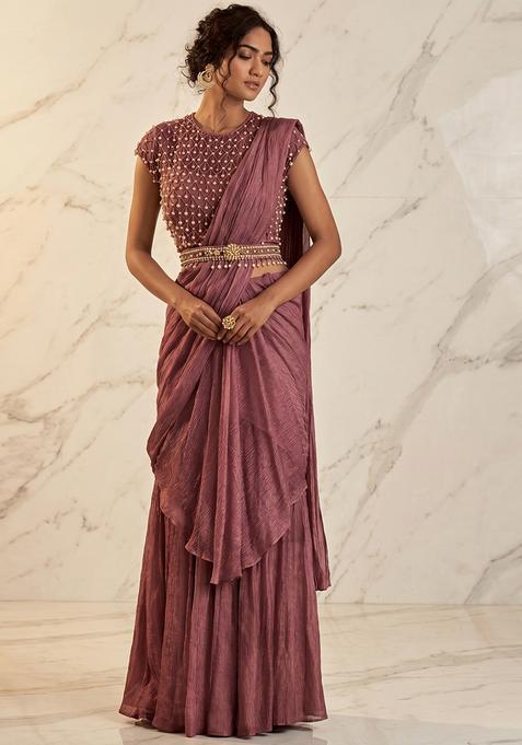 Mauve Embroidered Handwork Pre Draped Saree Set